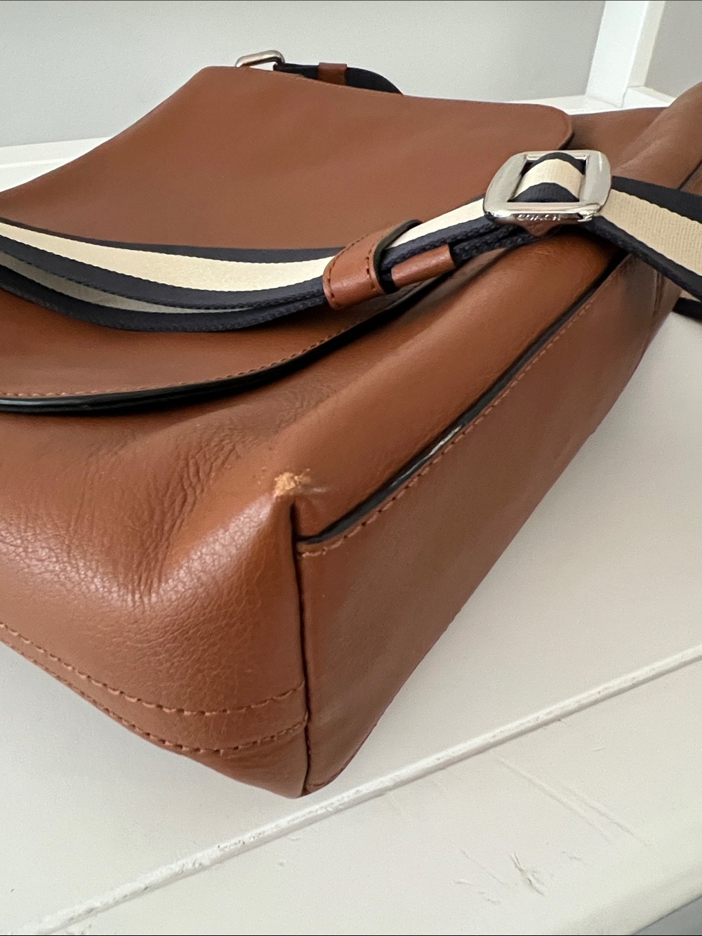 COACH Tan Brown Leather Messenger Bag with Striped Webbing Strap - Picture 3 of 9
